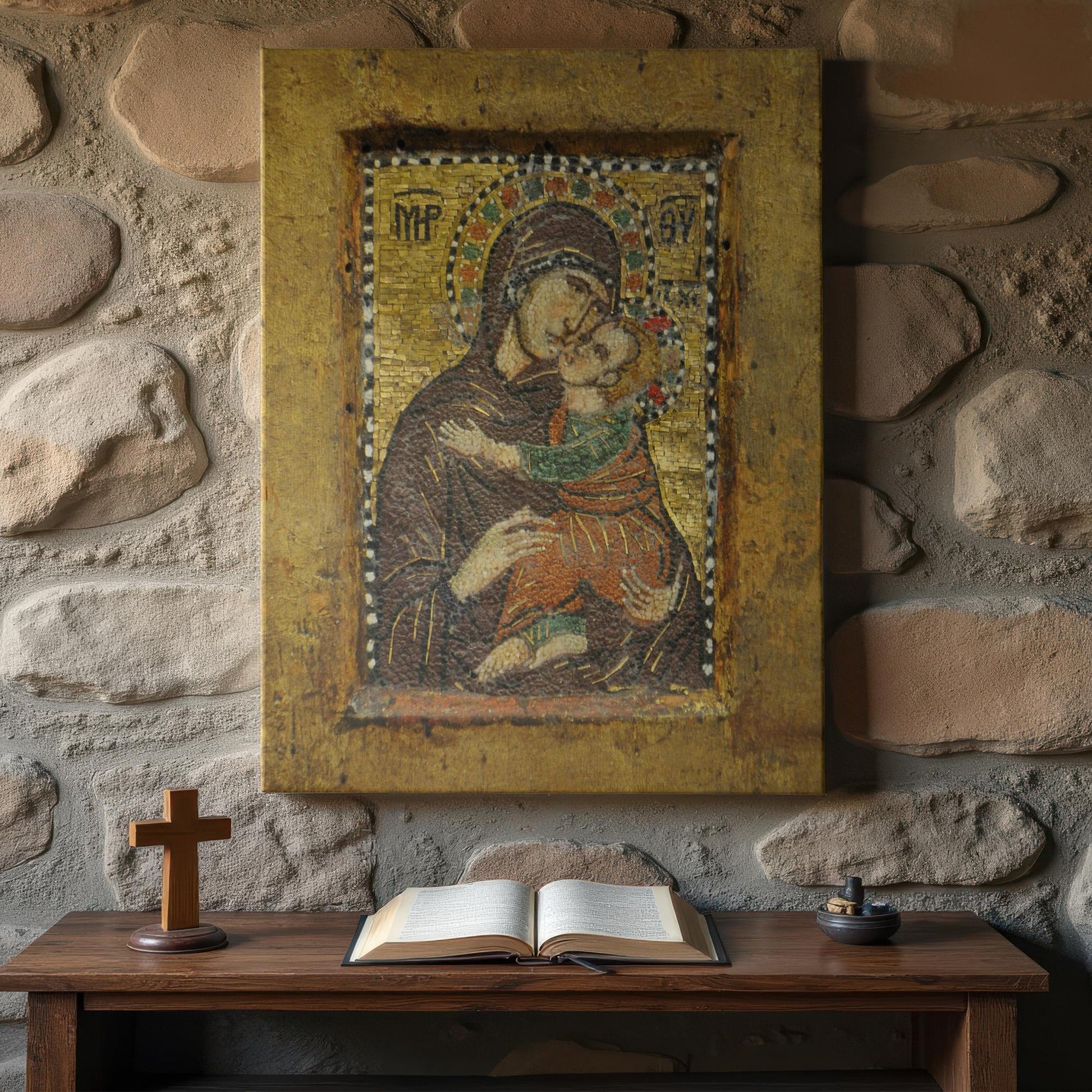 &quot;Orthodox mosaic icon canvas of the Virgin Mary tenderly embracing Christ Child, set against a rustic stone wall above a simple wooden prayer table with an open Bible, wooden cross, and incense bowl.