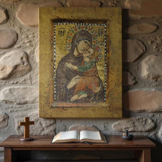 &quot;Orthodox mosaic icon canvas of the Virgin Mary tenderly embracing Christ Child, set against a rustic stone wall above a simple wooden prayer table with an open Bible, wooden cross, and incense bowl.