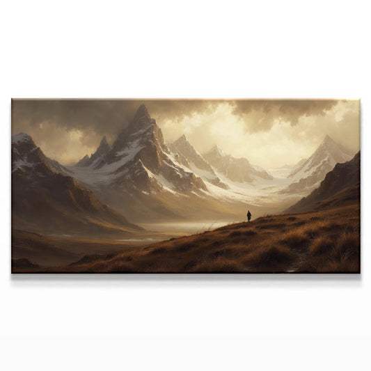 A landscape canvas art showing majestic mountains beneath moody clouds, featuring snowy peaks and a serene valley with a solitary figure. The scene evokes contemplation and solitude, painted in soft, earthy tones.