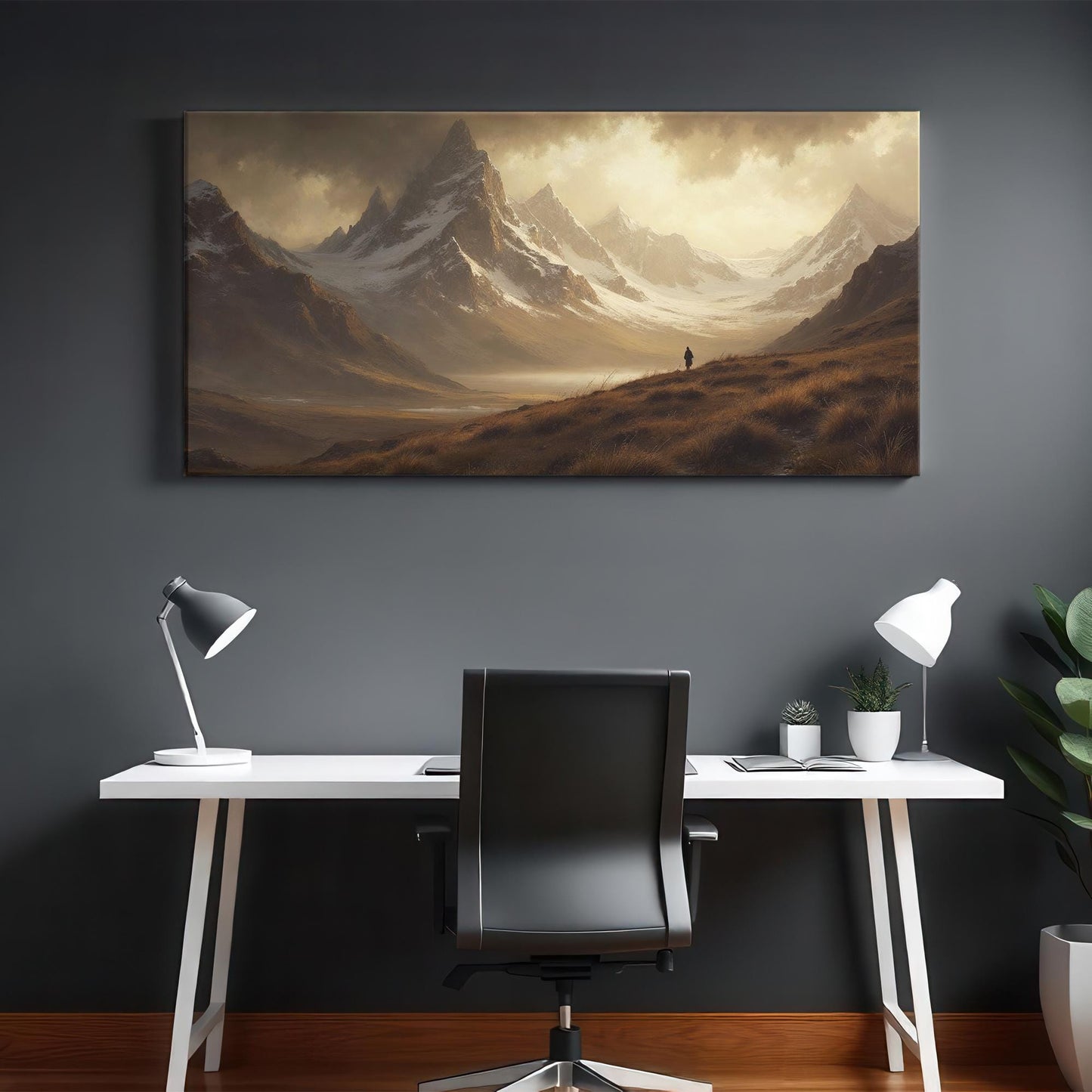 Modern office setting with dark walls featuring a striking landscape canvas of misty mountains and expansive valleys under cloudy skies, centered above a minimalist white desk, evoking calm and inspiration.