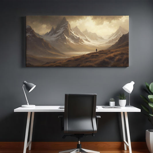 Modern office setting with dark walls featuring a striking landscape canvas of misty mountains and expansive valleys under cloudy skies, centered above a minimalist white desk, evoking calm and inspiration.