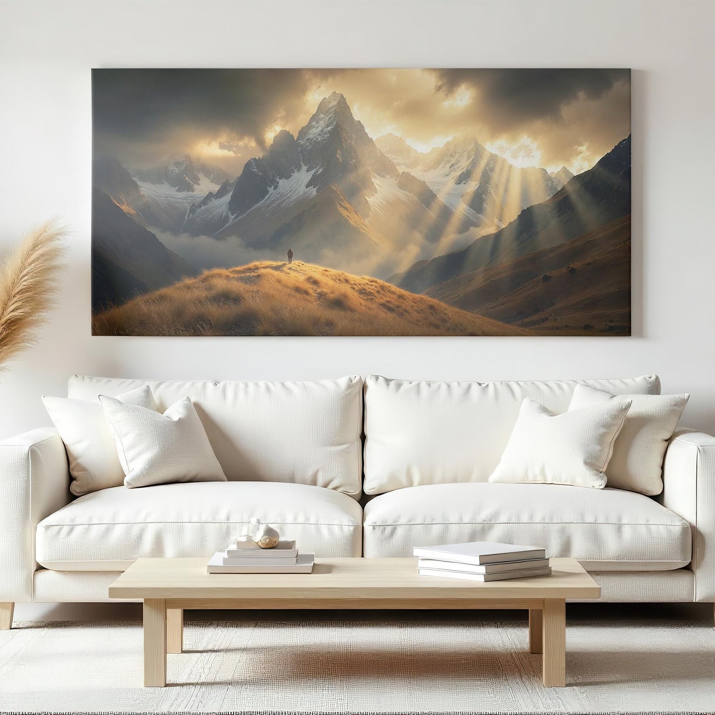Bright, cozy living room featuring panoramic canvas artwork of dramatic mountains bathed in sunlight rays, a lone figure contemplating nature on a glowing hillside.