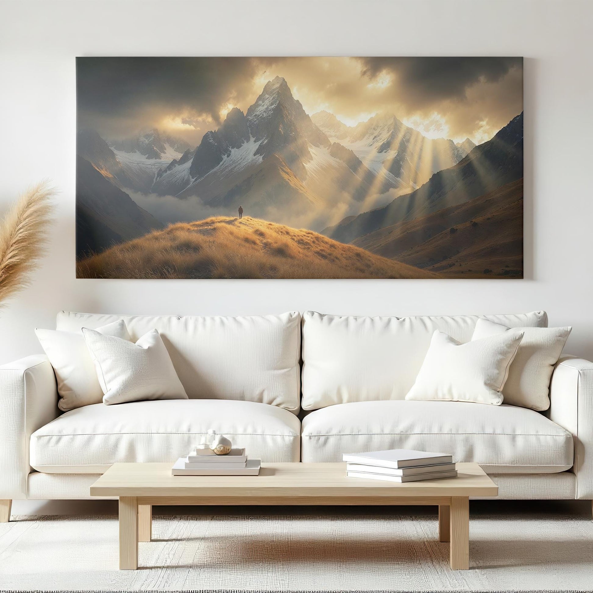 Bright, cozy living room featuring panoramic canvas artwork of dramatic mountains bathed in sunlight rays, a lone figure contemplating nature on a glowing hillside.