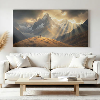 Bright, cozy living room featuring panoramic canvas artwork of dramatic mountains bathed in sunlight rays, a lone figure contemplating nature on a glowing hillside.