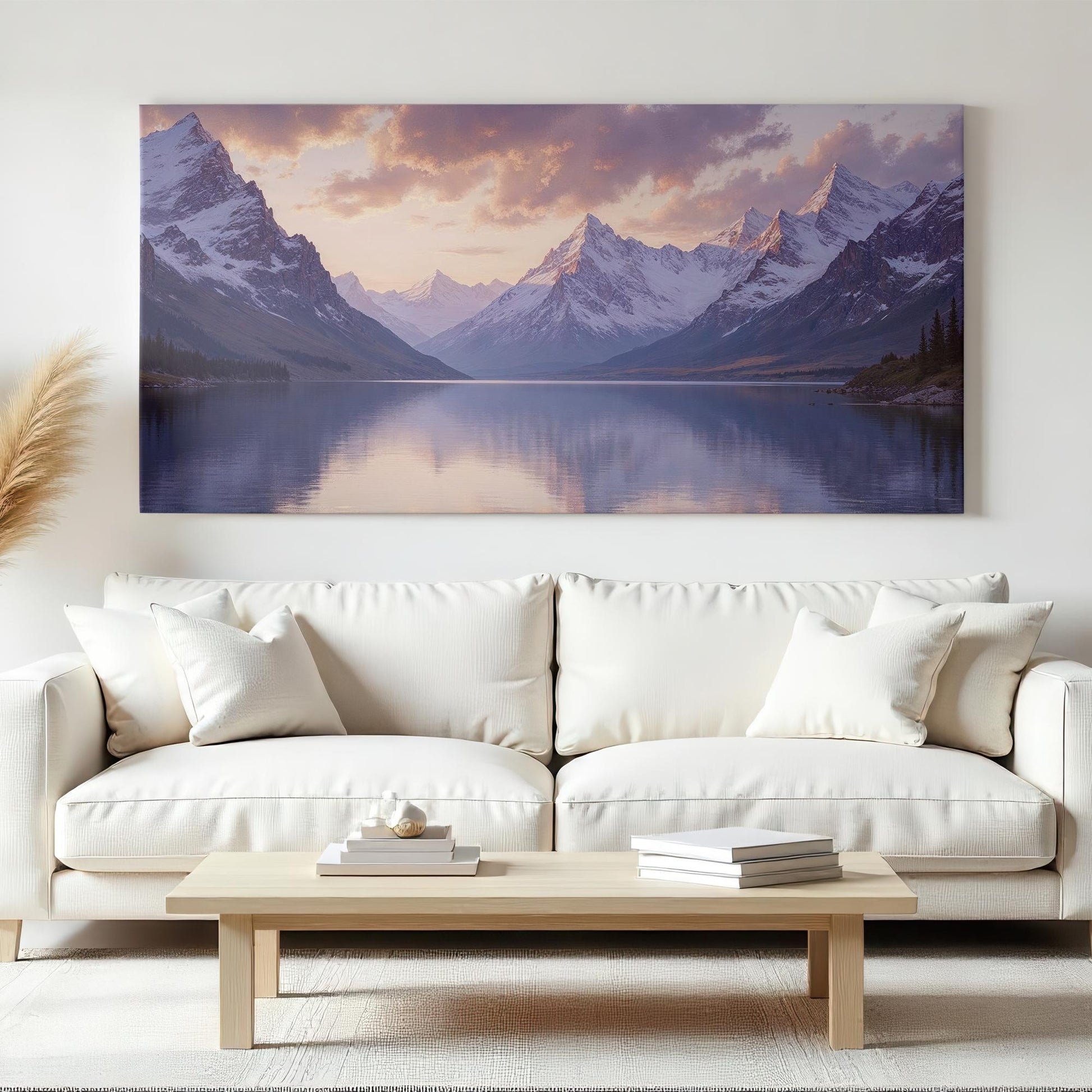 Large Nature Wall Art | Sunset Mountain Wall Art | Peaceful Nature Painting | Mountain Landscape Canvas | Lake Reflection Nature Artwork