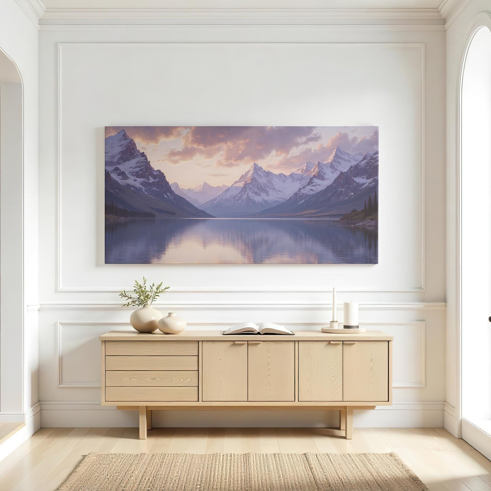 Large Nature Wall Art | Sunset Mountain Wall Art | Peaceful Nature Painting | Mountain Landscape Canvas | Lake Reflection Nature Artwork