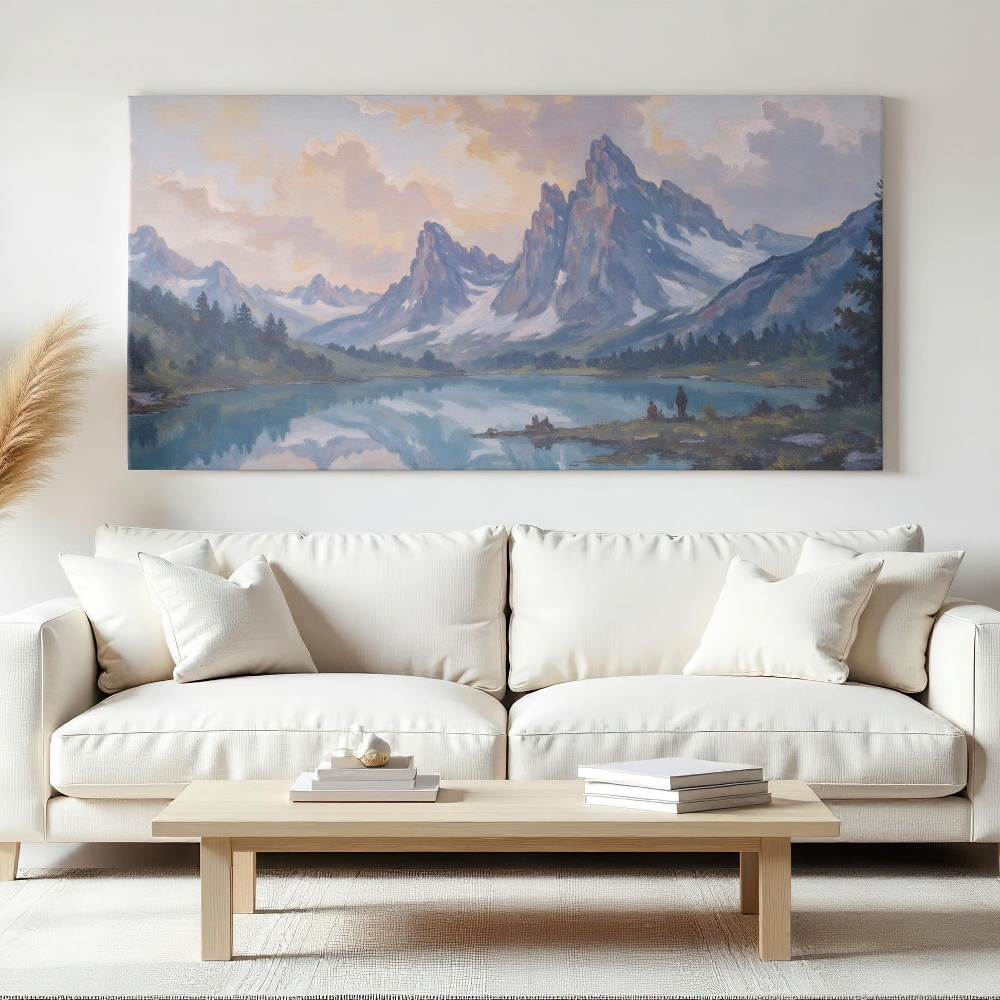 A peaceful and atmospheric mountain scene canvas print, capturing a breathtaking view of towering alpine peaks, soft clouds, and a still lake mirroring the sky. The muted blues and warm sunset tones add a sophisticated touch, making it a stunning centerpiece for a living room, office, or cozy retreat. Ideal for those who appreciate scenic landscapes and timeless nature art.