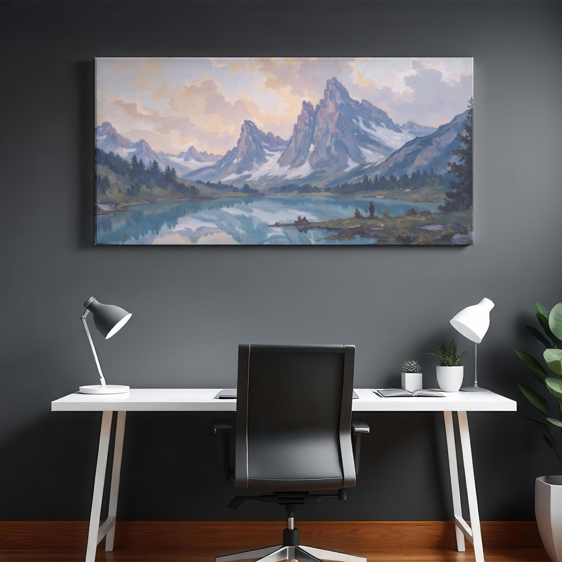 A stunning canvas print of majestic mountain peaks and a calm reflective lake, bringing the beauty of nature into a modern workspace. The muted blue and soft pink tones create a peaceful atmosphere, ideal for inspiring creativity and focus. Perfect for office decor, adventure lovers, or those seeking an elegant mountain-themed artwork for their home or work environment.
