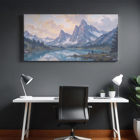 A stunning canvas print of majestic mountain peaks and a calm reflective lake, bringing the beauty of nature into a modern workspace. The muted blue and soft pink tones create a peaceful atmosphere, ideal for inspiring creativity and focus. Perfect for office decor, adventure lovers, or those seeking an elegant mountain-themed artwork for their home or work environment.