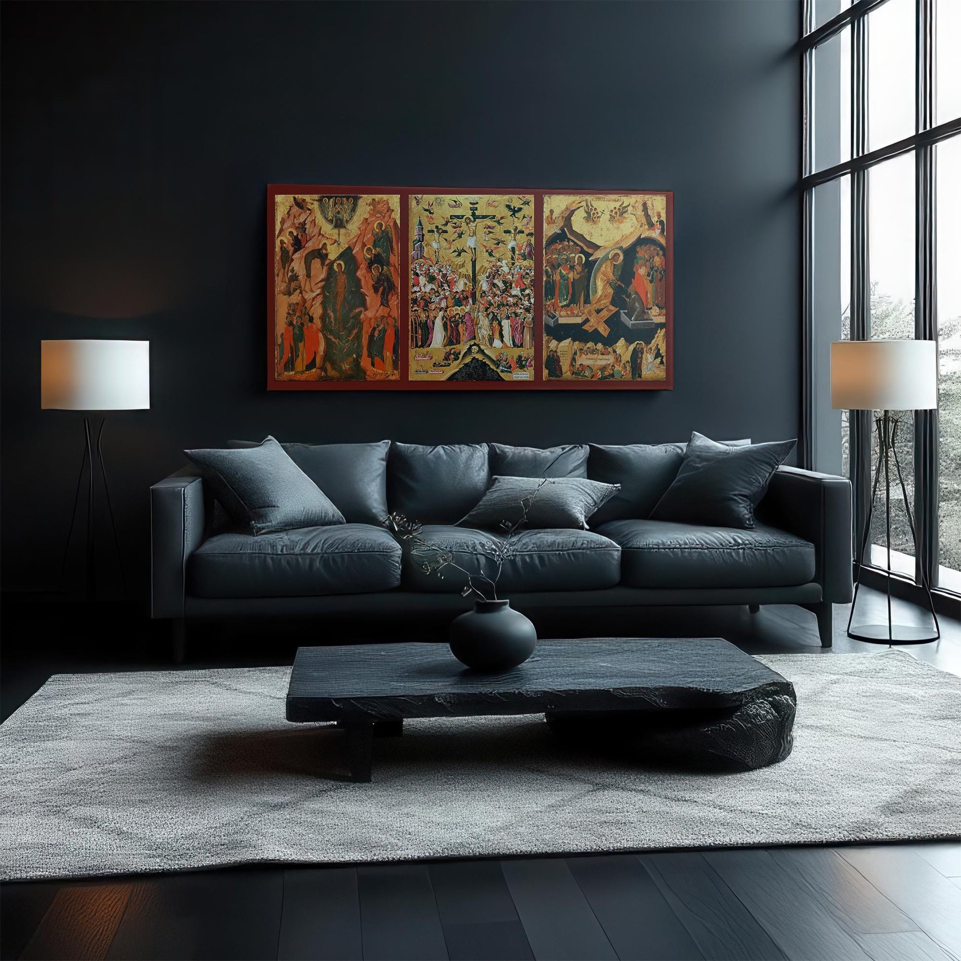 A stunning Orthodox Christian triptych icon displayed in a contemporary home setting. The three-panel artwork features intricate religious iconography with a rich golden background, bringing a sacred and timeless presence. This handcrafted piece makes a perfect addition to a prayer corner, Orthodox home decor, or a religious gift for a Christian believer.