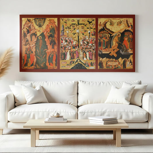 A striking Orthodox Christian icon portraying the Crucifixion of Jesus, surrounded by the Virgin Mary, John the Theologian, and mourning angels. The golden backdrop symbolizes divine radiance, while intricate figures convey sorrow and redemption. Beneath the Cross, Adam’s skull represents humanity’s salvation, a central theme in Byzantine iconography.