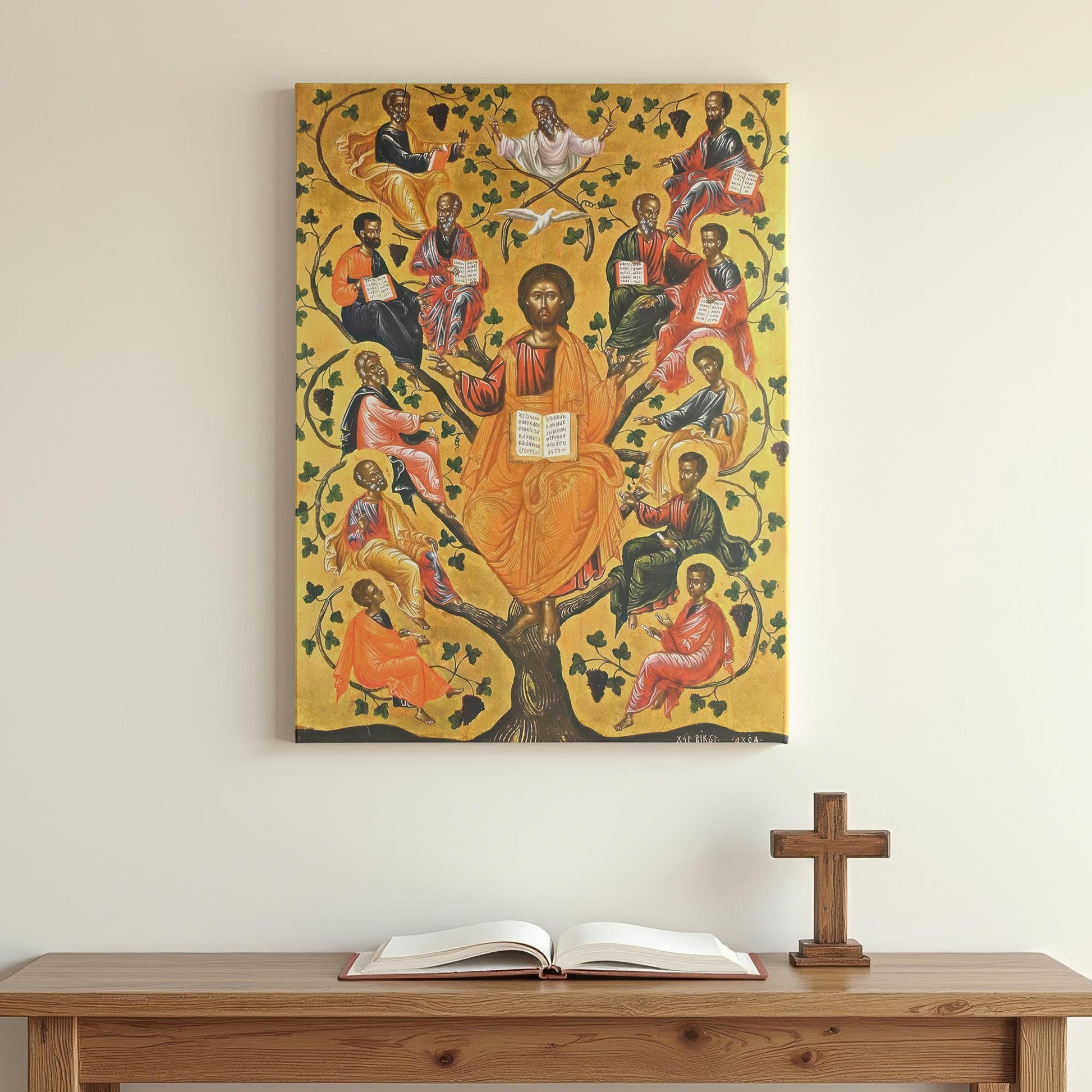 The Tree of Jesse Orthodox icon is beautifully displayed above a wooden table with a cross and open Bible. The rich gold background contrasts with the soft white wall, drawing attention to the intricate Byzantine details. This religious art piece symbolizes Christ’s lineage and divine wisdom, making it a meaningful addition to Christian homes, monasteries, and faith-filled interiors.