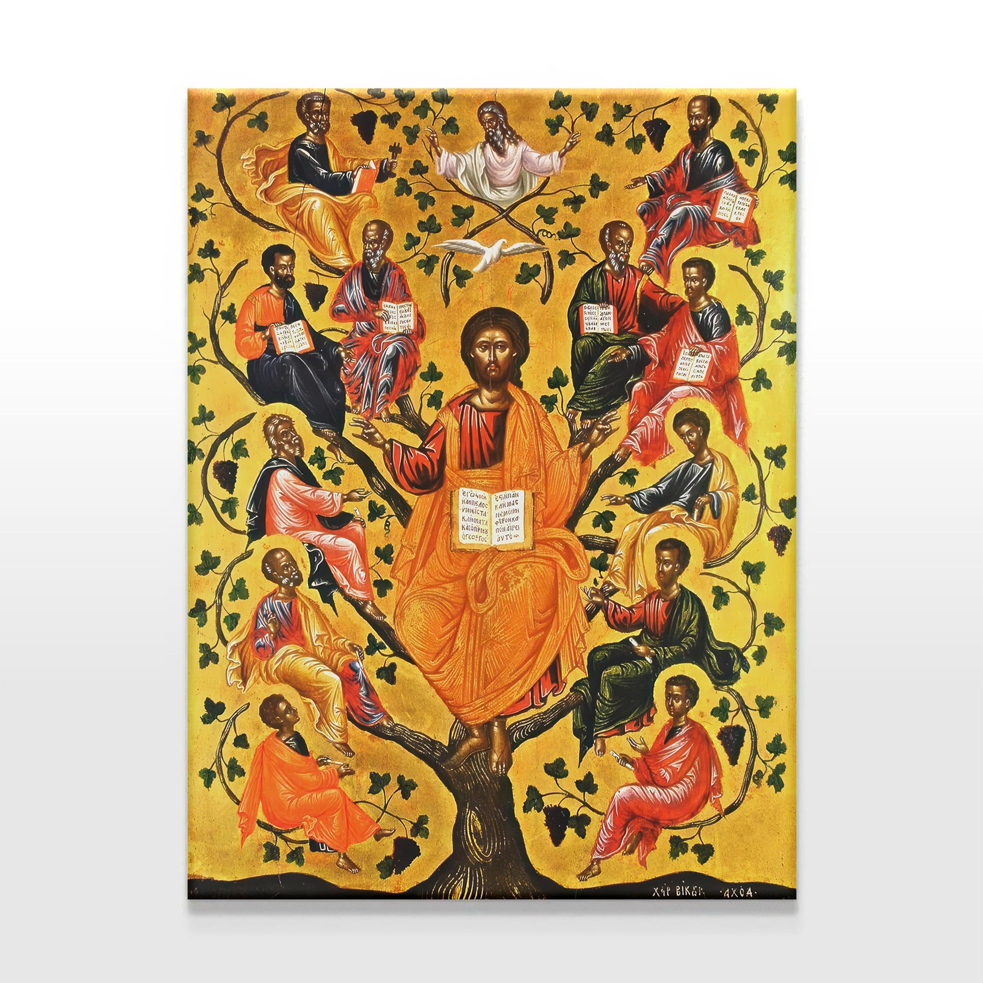 A stunning Orthodox icon of the Tree of Jesse, depicting Christ at the center of a golden tree with His ancestors and the prophets surrounding Him. Vibrant colors, intricate detailing, and traditional Byzantine style make this a sacred piece of Christian art. The rich gold leaf background enhances the divine presence, making it a perfect addition to any Orthodox Christian home, prayer space, or religious art collection.
