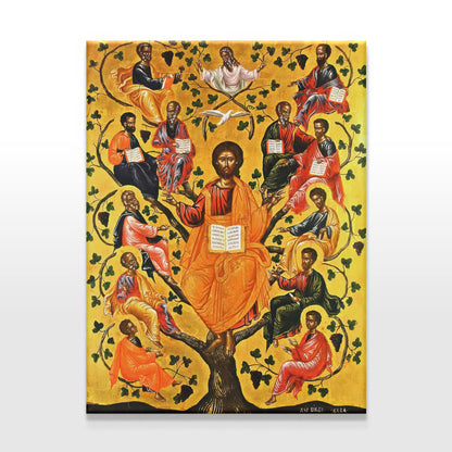 A stunning Orthodox icon of the Tree of Jesse, depicting Christ at the center of a golden tree with His ancestors and the prophets surrounding Him. Vibrant colors, intricate detailing, and traditional Byzantine style make this a sacred piece of Christian art. The rich gold leaf background enhances the divine presence, making it a perfect addition to any Orthodox Christian home, prayer space, or religious art collection.