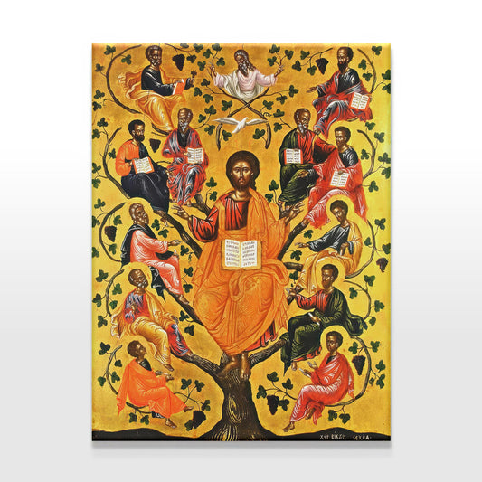 A stunning Orthodox icon of the Tree of Jesse, depicting Christ at the center of a golden tree with His ancestors and the prophets surrounding Him. Vibrant colors, intricate detailing, and traditional Byzantine style make this a sacred piece of Christian art. The rich gold leaf background enhances the divine presence, making it a perfect addition to any Orthodox Christian home, prayer space, or religious art collection.