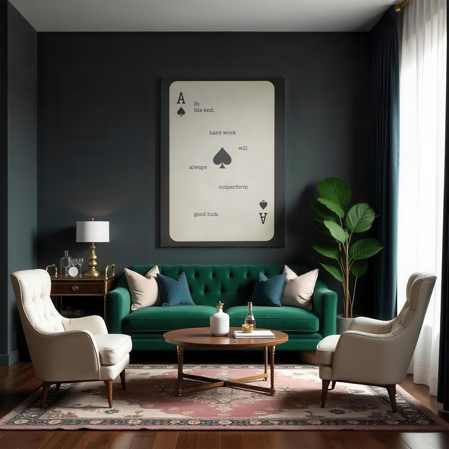 A warm industrial-style lounge featuring a leather sofa, wood-paneled walls, and a large Ace of Spades motivational canvas. A modern bar area with pendant lights and dark metal accents adds contrast. Green plants bring life to the cozy, sophisticated space, making the artwork a statement piece for a stylish, high-end environment.