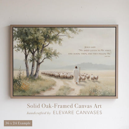 Christian wall art featuring Jesus walking with sheep under trees, with John 10:27 scripture quote: “My sheep listen to My voice…” Displayed in a solid oak floater frame in Taupe Beige. This 36x24 canvas print is ideal for inspirational home decor, pastoral spaces, and faith-based office decor. Handcrafted by Elevare Canvases with premium detail and gallery-style presentation.