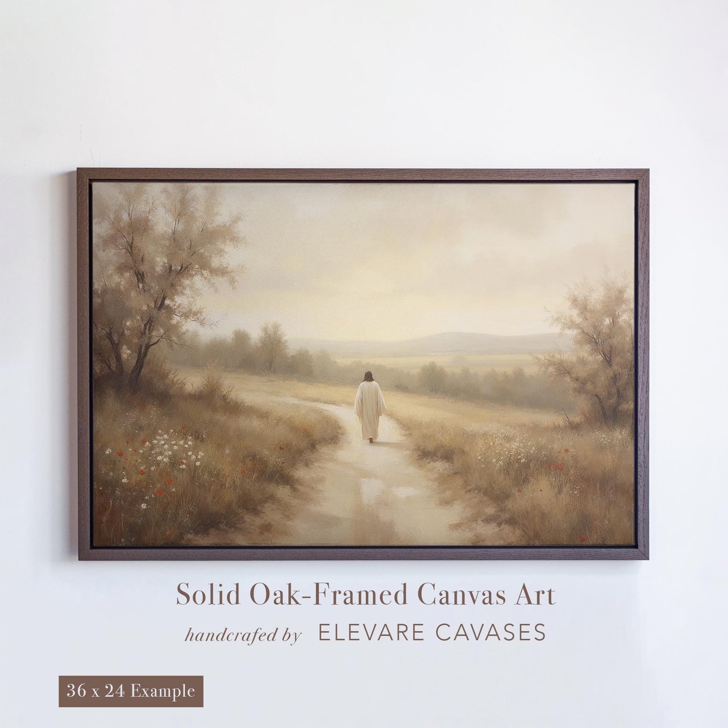 Christian wall art featuring Jesus walking alone down a path in a peaceful landscape. Rendered in soft, rustic tones, this solid oak-framed canvas print is ideal for scripture-based art lovers. A 36x24 example shown in Truffle Brown, perfect for Christian homes, church decor, or as biblical art in a child’s room. Part of Elevare Canvases’ handcrafted collection of Christian and rustic Christian art.