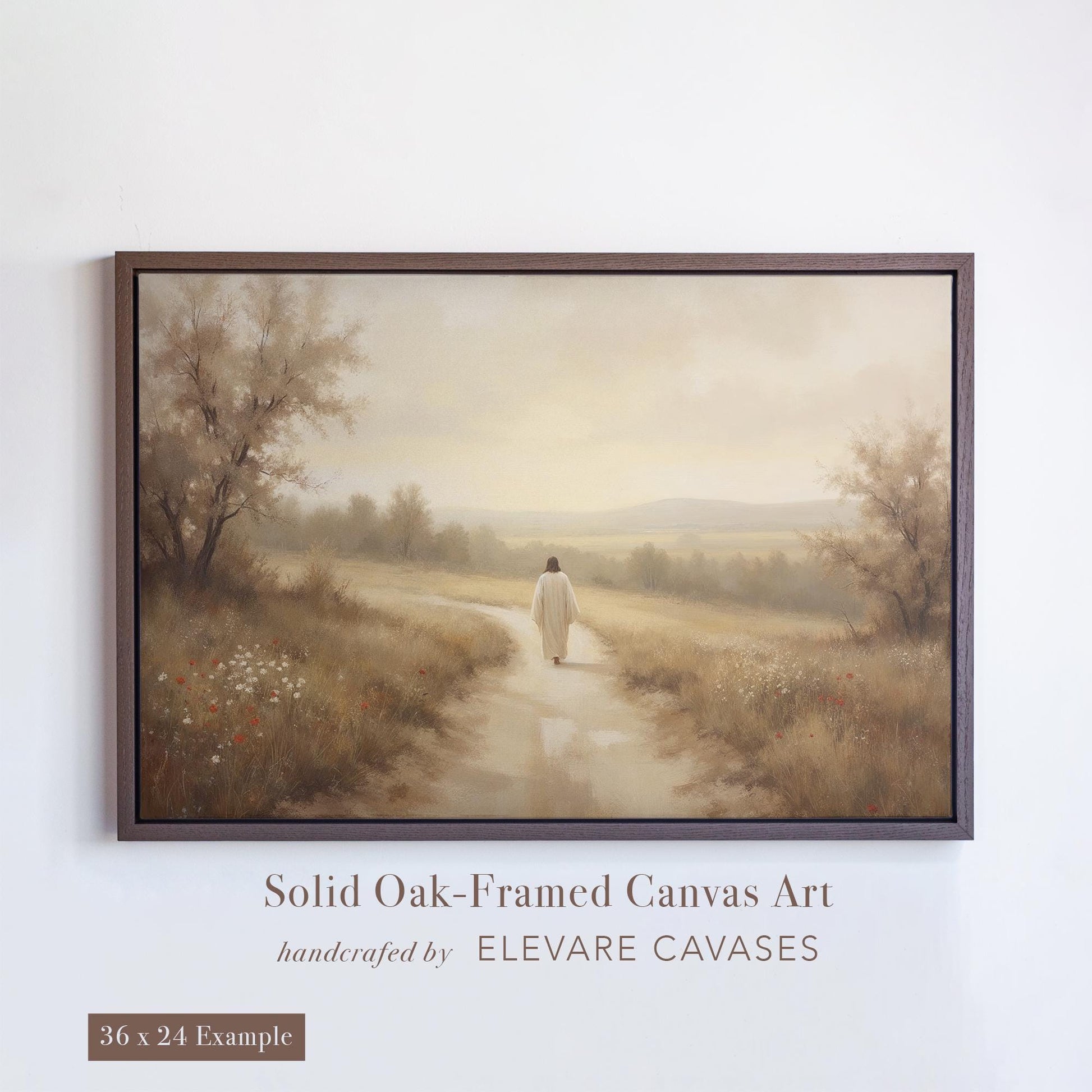 Christian wall art featuring Jesus walking alone down a path in a peaceful landscape. Rendered in soft, rustic tones, this solid oak-framed canvas print is ideal for scripture-based art lovers. A 36x24 example shown in Truffle Brown, perfect for Christian homes, church decor, or as biblical art in a child’s room. Part of Elevare Canvases’ handcrafted collection of Christian and rustic Christian art.