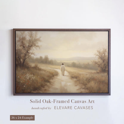 Christian wall art featuring Jesus walking alone down a path in a peaceful landscape. Rendered in soft, rustic tones, this solid oak-framed canvas print is ideal for scripture-based art lovers. A 36x24 example shown in Truffle Brown, perfect for Christian homes, church decor, or as biblical art in a child’s room. Part of Elevare Canvases’ handcrafted collection of Christian and rustic Christian art.