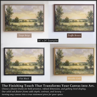 A 36x24 example of faith-based art shown in four floater frame colors: Flat Black, Truffle Brown, Taupe Beige, and Metallic Gold. This classic Christian artwork adds dimension to any space with minimalist elegance and cozy, calming tones.