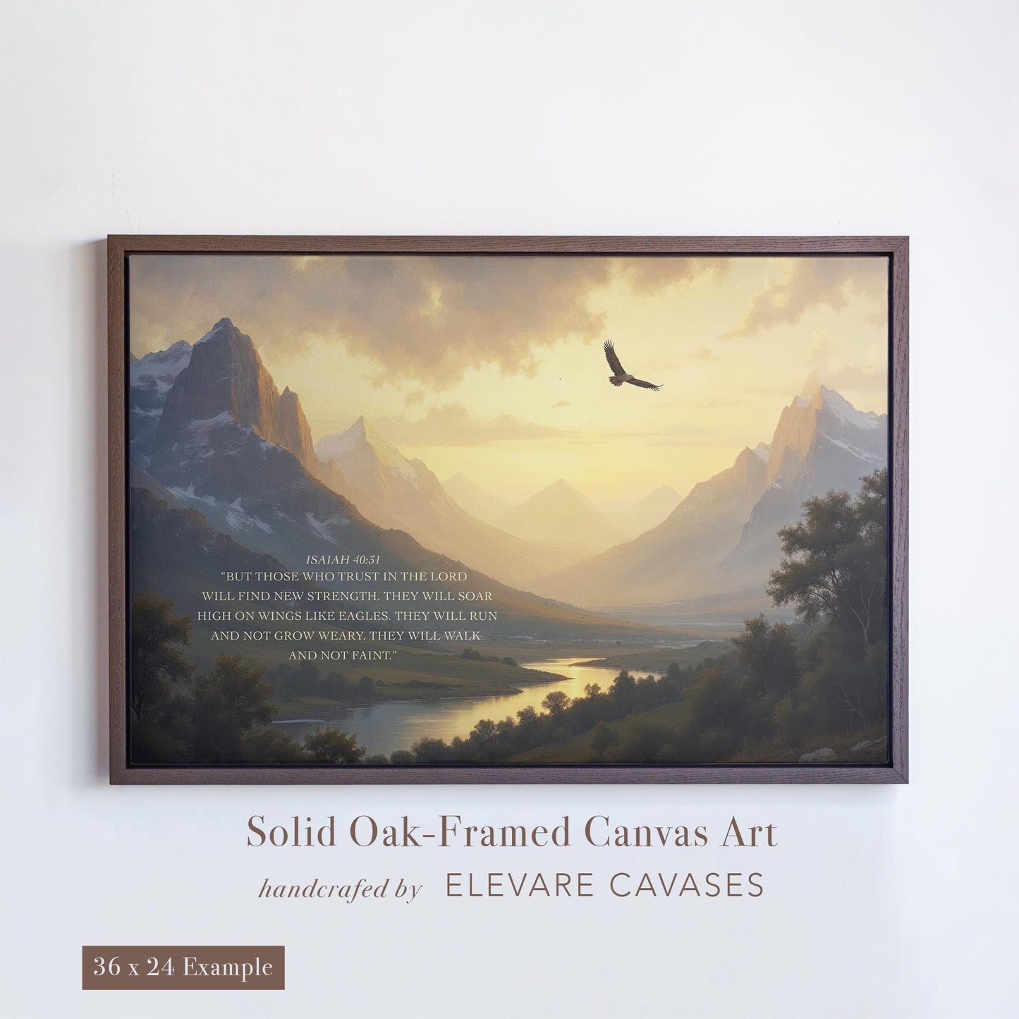 Isaiah 40:31 scripture art featuring a majestic mountain landscape with an eagle in flight. This Christian wall art print is perfect for peaceful landscape lovers seeking calming art with deep spiritual meaning. Styled in a solid oak floating frame, it&#39;s ideal for vintage wall art, Christian decor, or a faith-based home.