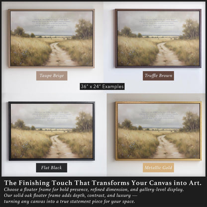 Four framed display options for Proverbs 3:5-6 scripture art featuring handcrafted oak frames in Flat Black, Truffle Brown, Taupe Beige, and Metallic Gold. A perfect Christian gift, this large canvas blends spiritual art with timeless design for any godmother gift, baptism gift, or peaceful home setting.