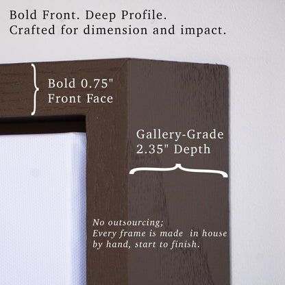 Detailed shot of our solid oak floater frame showing the bold 0.75&quot; front face and deep 2.35&quot; gallery-grade depth. This high-end construction sets our Christian art apart, offering structure, contrast, and handcrafted quality from start to finish.
