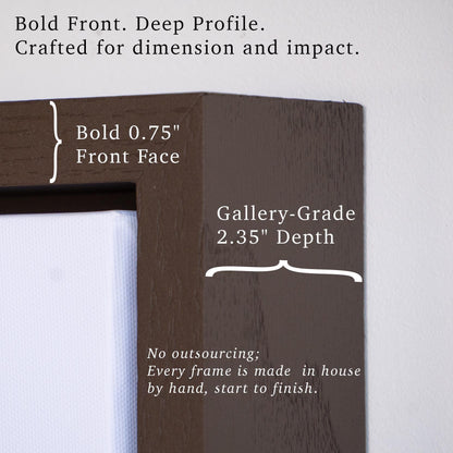 Detailed shot of our solid oak floater frame showing the bold 0.75&quot; front face and deep 2.35&quot; gallery-grade depth. This high-end construction sets our Christian art apart, offering structure, contrast, and handcrafted quality from start to finish.