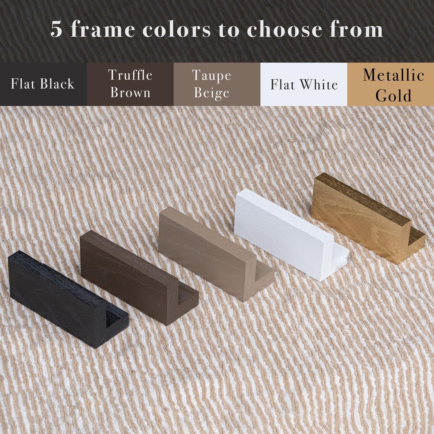 Five handcrafted floater frame options—Flat Black, Truffle Brown, Taupe Beige, Flat White, and Metallic Gold—shown over a natural woven background. These customizable frame colors offer buyers flexibility to match their Christian decor or spiritual gift preferences.