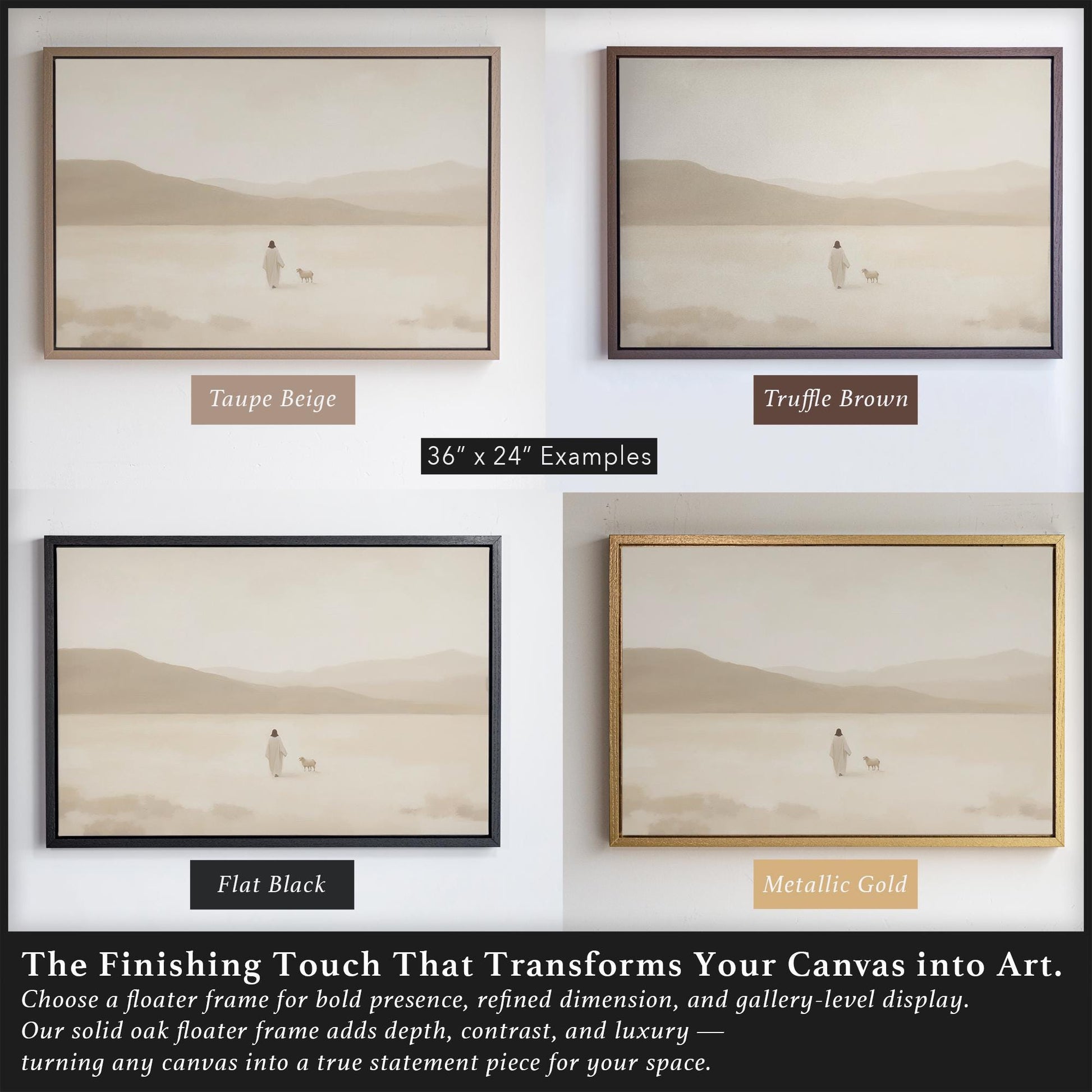 Side-by-side comparison of all four floater frame colors on the same beach-themed Christian canvas art. Features Taupe Beige, Truffle Brown, Flat Black, and Metallic Gold in 36x24 examples to help buyers choose the best tone for their home or gift.