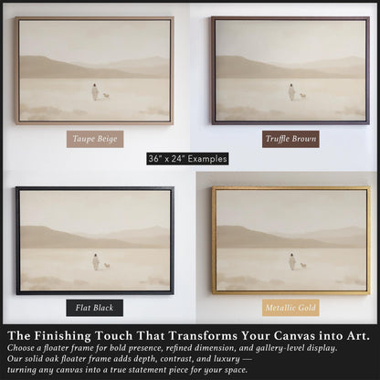 Side-by-side comparison of all four floater frame colors on the same beach-themed Christian canvas art. Features Taupe Beige, Truffle Brown, Flat Black, and Metallic Gold in 36x24 examples to help buyers choose the best tone for their home or gift.