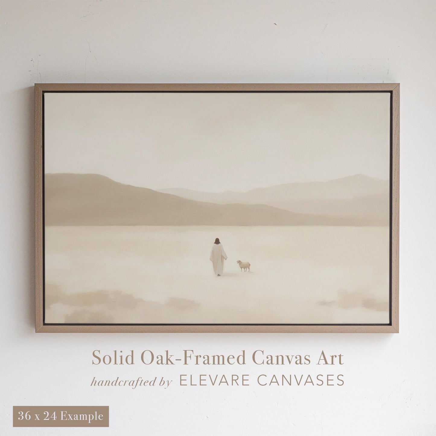 Neutral-toned Christian canvas art featuring Jesus walking on a quiet beach, displayed in a handcrafted Taupe Beige solid oak floater frame. This minimalist scene highlights peace and faith, perfect for Christian wall art, baptism gifts, and serene spiritual spaces.