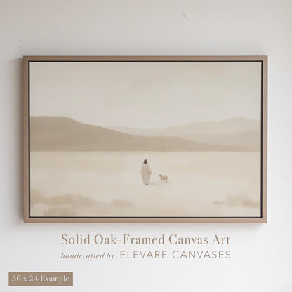 Neutral-toned Christian canvas art featuring Jesus walking on a quiet beach, displayed in a handcrafted Taupe Beige solid oak floater frame. This minimalist scene highlights peace and faith, perfect for Christian wall art, baptism gifts, and serene spiritual spaces.