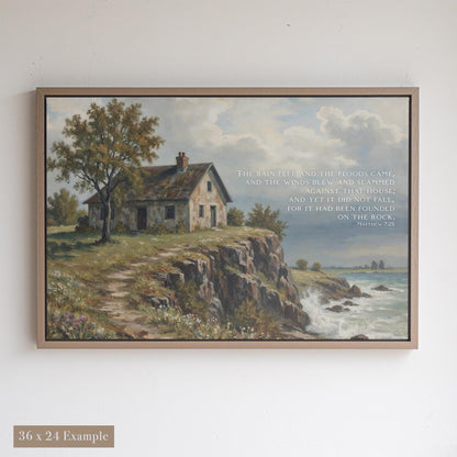 Firm Foundation Canvas | Scripture Wall Art | Matthew 7:25 Print | Christian Decor | House Built on the Rock Artwork | Jesus Art