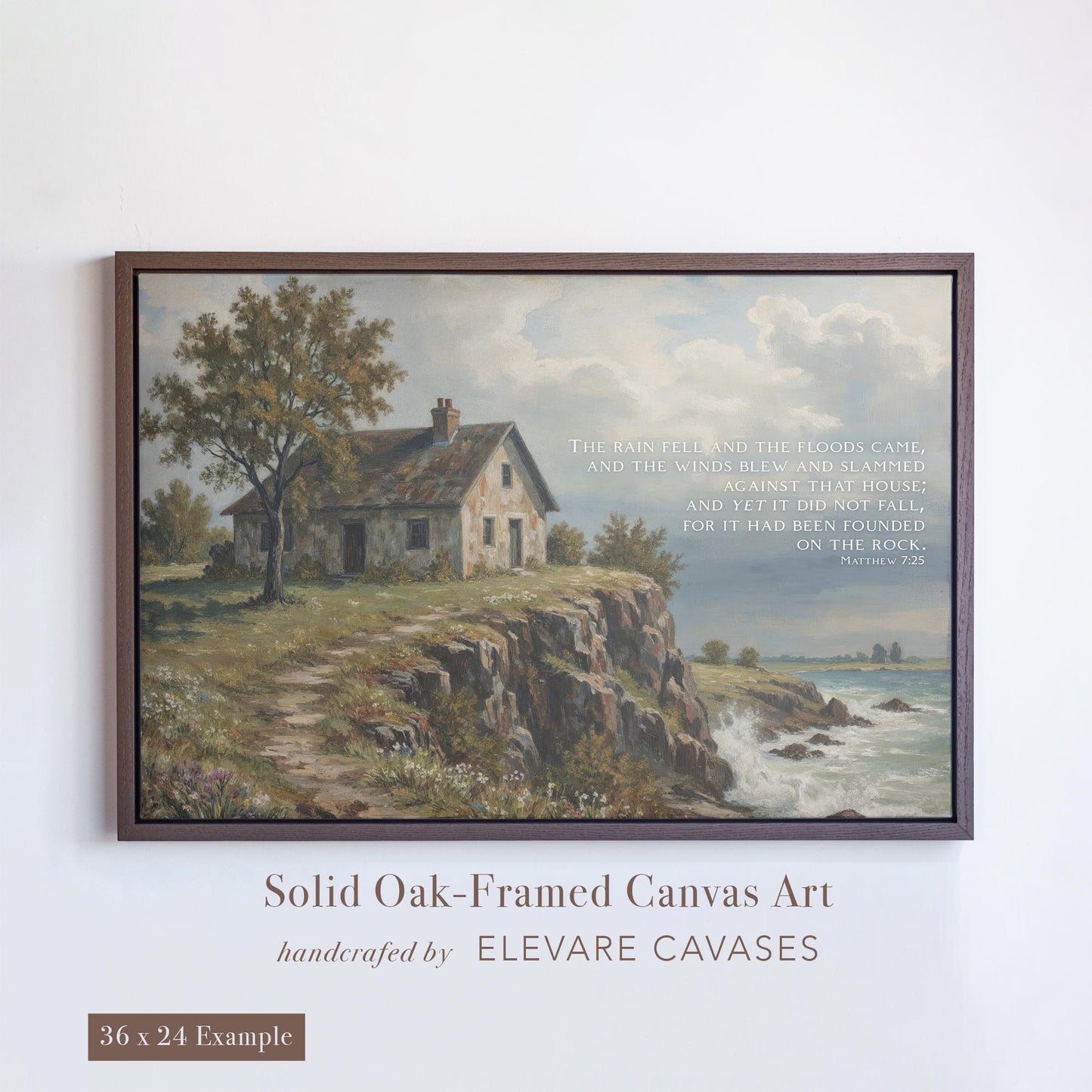 Christian art print of Matthew 7:25 with a rustic house on a rock overlooking the sea, emphasizing the firm foundation in faith. Features a 36x24 framed canvas in Truffle Brown solid oak. Perfect as a scripture art piece or Christian wall art for home or church. This Jesus wall art brings timeless biblical encouragement to any space.