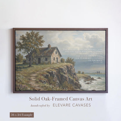 Christian art print of Matthew 7:25 with a rustic house on a rock overlooking the sea, emphasizing the firm foundation in faith. Features a 36x24 framed canvas in Truffle Brown solid oak. Perfect as a scripture art piece or Christian wall art for home or church. This Jesus wall art brings timeless biblical encouragement to any space.