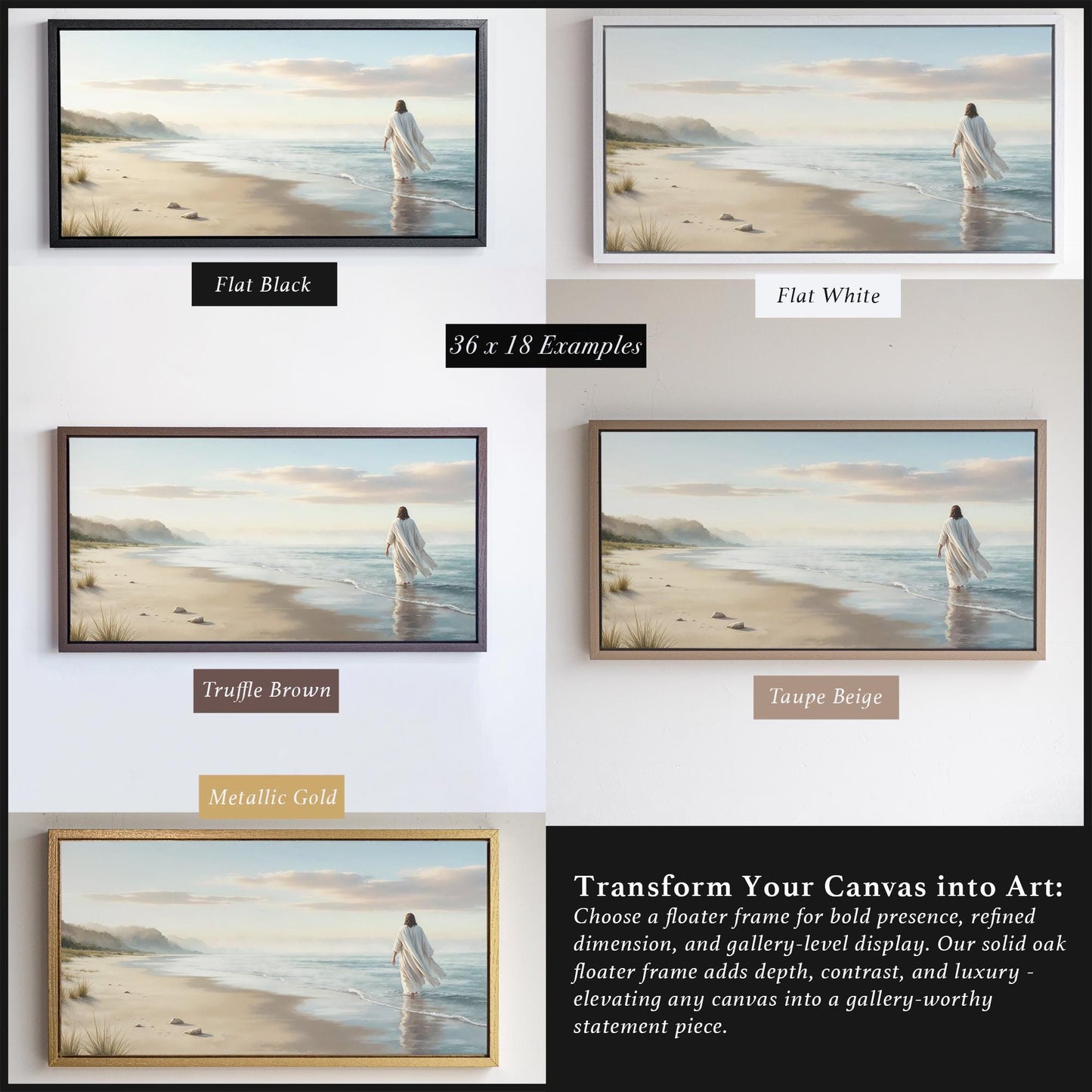 Gallery-style presentation of framed Christian art in four floater frame options. The artwork features Jesus on a sandy path with a distant ocean backdrop, ideal for Jesus wall art, neutral Christian decor, and modern religious homes. Floater frame adds depth, elegance, and a professional finish to biblical prints.