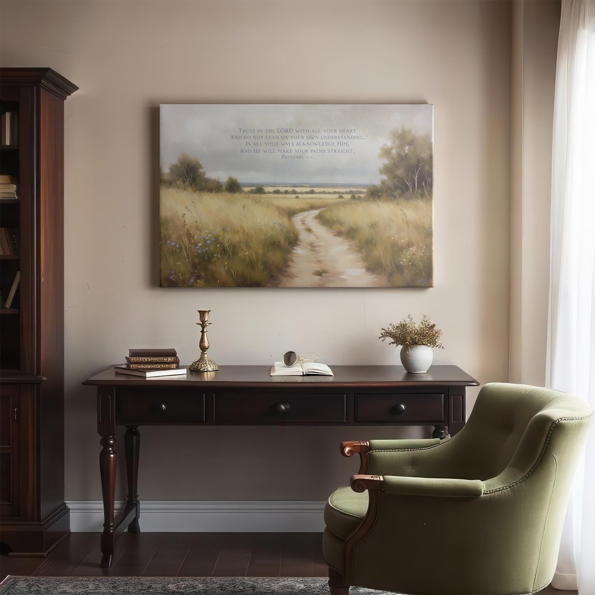 Vintage Proverbs 3:5-6 Painting Scripture Print | Large Canvas Art | Bible Verse Wall Decor | Peaceful landscape Canvas