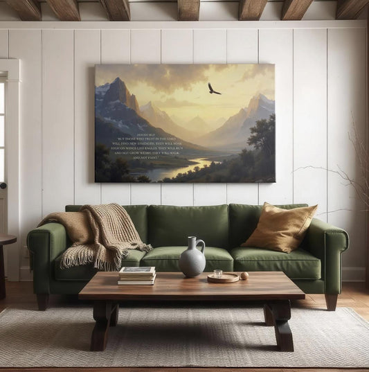 Large Canvas | Vintage Painting Scripture Print | Bible Verse Wall Decor | Peaceful landscape Canvas | Isaiah 40:31 Art