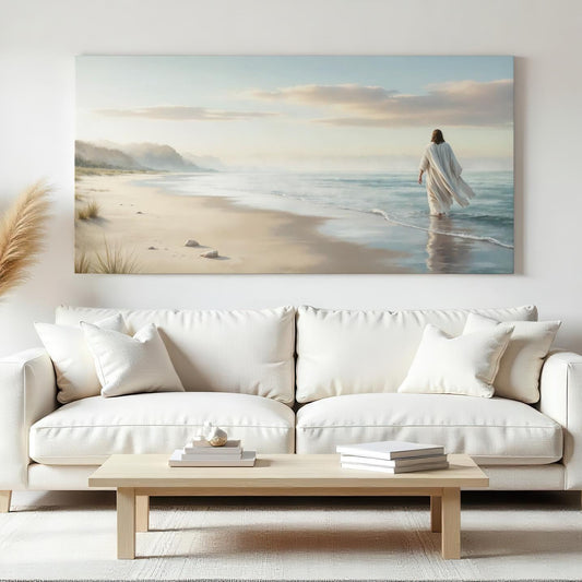 Jesus Walking on Beach | Large Jesus Wall Art | Christian Wall Decor | Peaceful Christian Art | Jesus Walking on Water Wall Art | Follow Me