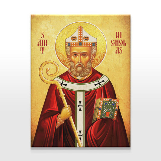 Close-up of a Saint Nicholas icon on a clean white-to-gray gradient background. The hand-painted details and vivid colors of his vestments, halo, and ornate book are clearly visible, emphasizing the craftsmanship of the artwork.