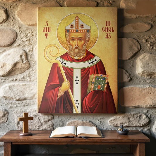 A traditional Orthodox Christian icon of Saint Nicholas displayed on a stone wall above a wooden prayer table with a cross, open Bible, and incense holder. Warm, rustic ambiance highlights the saint’s golden halo, red vestments, and bishop’s staff.