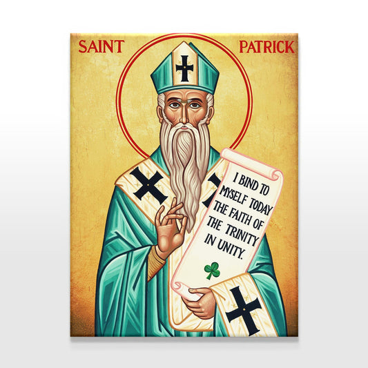 Saint Patrick icon centered on a clean white-to-gray gradient background. The bishop’s detailed vestments, serene expression, and scroll containing the Trinitarian declaration are clearly visible, making the artwork’s spiritual message the focus.