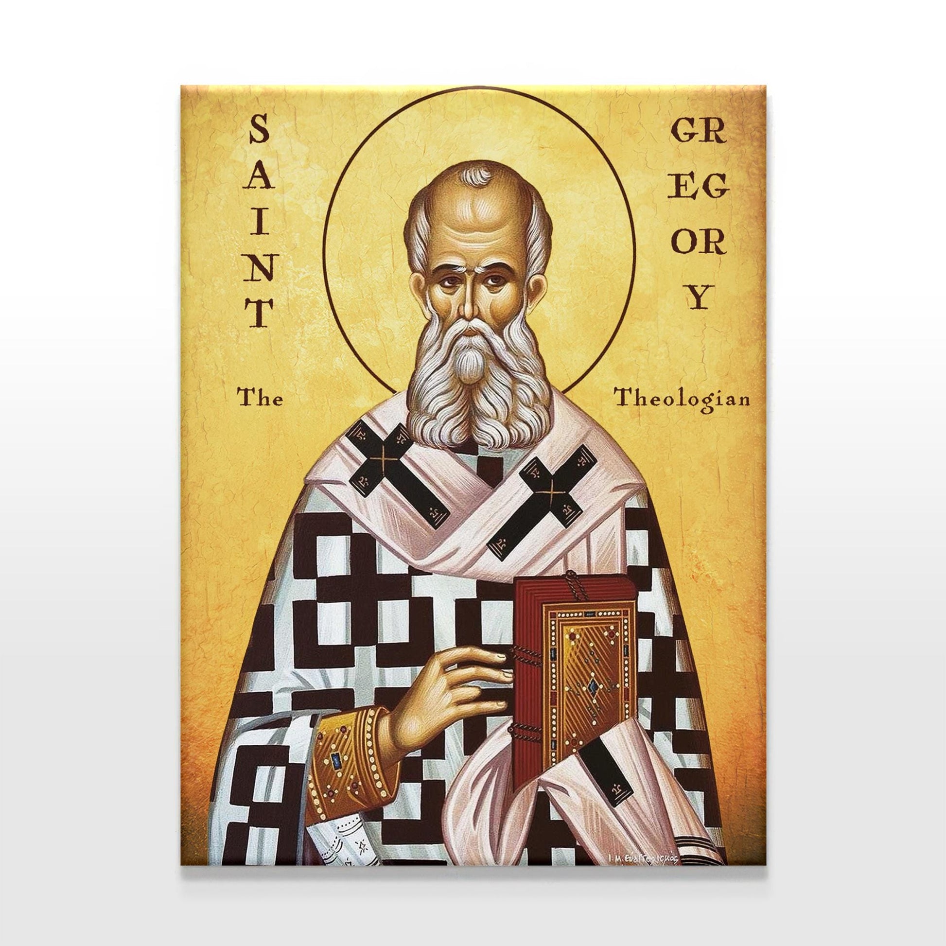 A clean view of a Saint Gregory the Theologian icon with a white-to-gray background. His serene, wise expression and intricate vestments stand out, along with the Gospel book in his hand. The gold halo and stylized lettering emphasize the traditional Orthodox style.