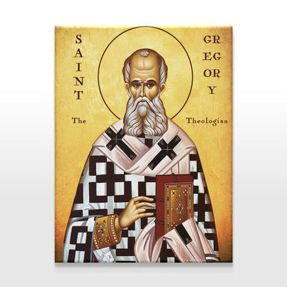 A clean view of a Saint Gregory the Theologian icon with a white-to-gray background. His serene, wise expression and intricate vestments stand out, along with the Gospel book in his hand. The gold halo and stylized lettering emphasize the traditional Orthodox style.