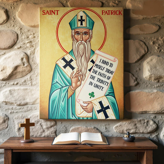 A traditional Christian icon of Saint Patrick displayed above a wooden prayer table set against a rustic stone wall. The saint is shown holding a scroll with the words, “I bind to myself today the faith of the Trinity in unity,” along with a small shamrock — a symbol of his teaching on the Trinity.