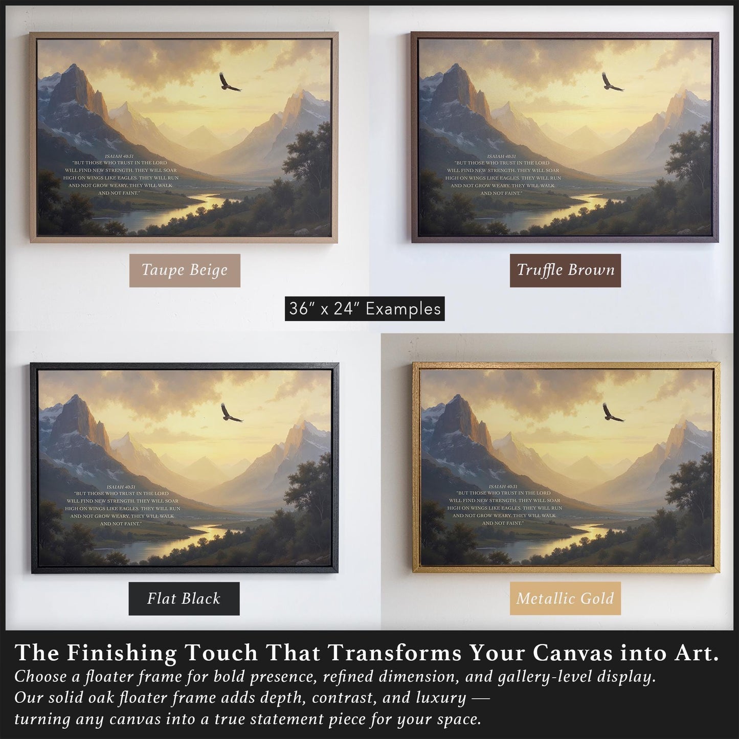 This visual comparison shows Isaiah 40:31 Bible verse art in Flat Black, Truffle Brown, Taupe Beige, and Metallic Gold solid oak frames. Designed for classic painting enthusiasts and Christian homes, this scripture art adds peace and warmth to cozy decor spaces.