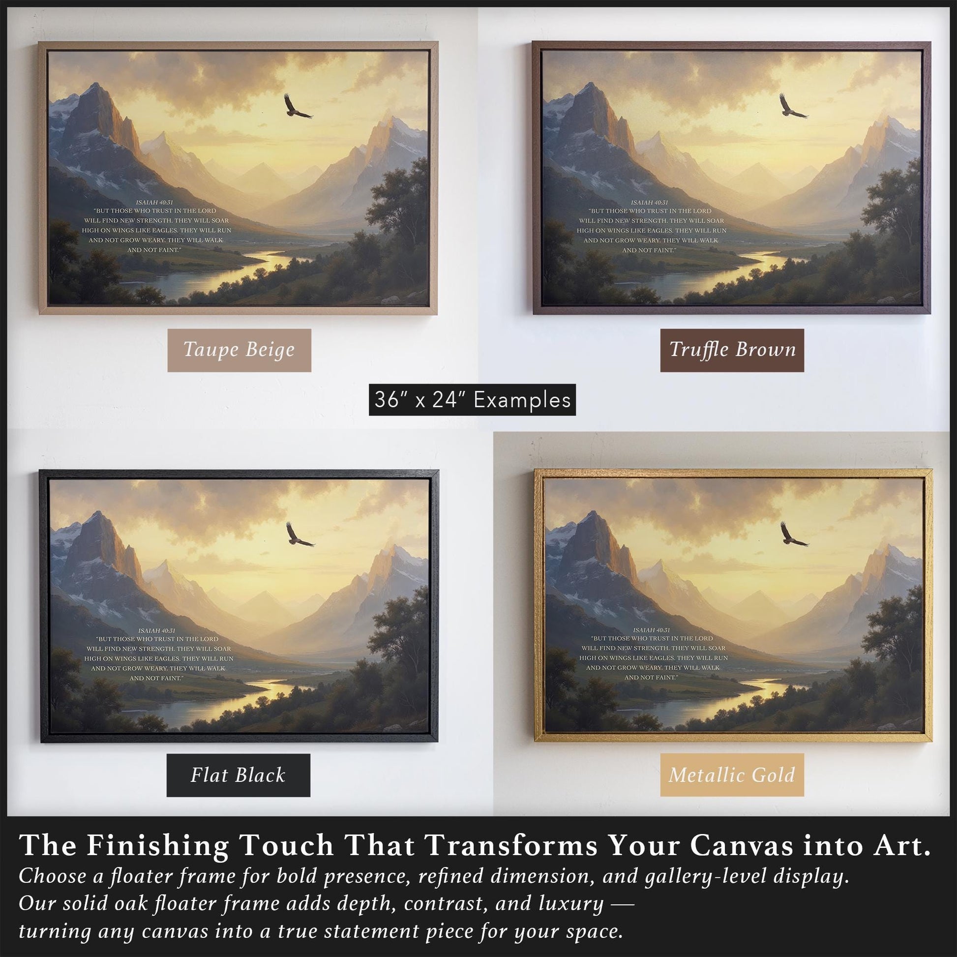 This visual comparison shows Isaiah 40:31 Bible verse art in Flat Black, Truffle Brown, Taupe Beige, and Metallic Gold solid oak frames. Designed for classic painting enthusiasts and Christian homes, this scripture art adds peace and warmth to cozy decor spaces.