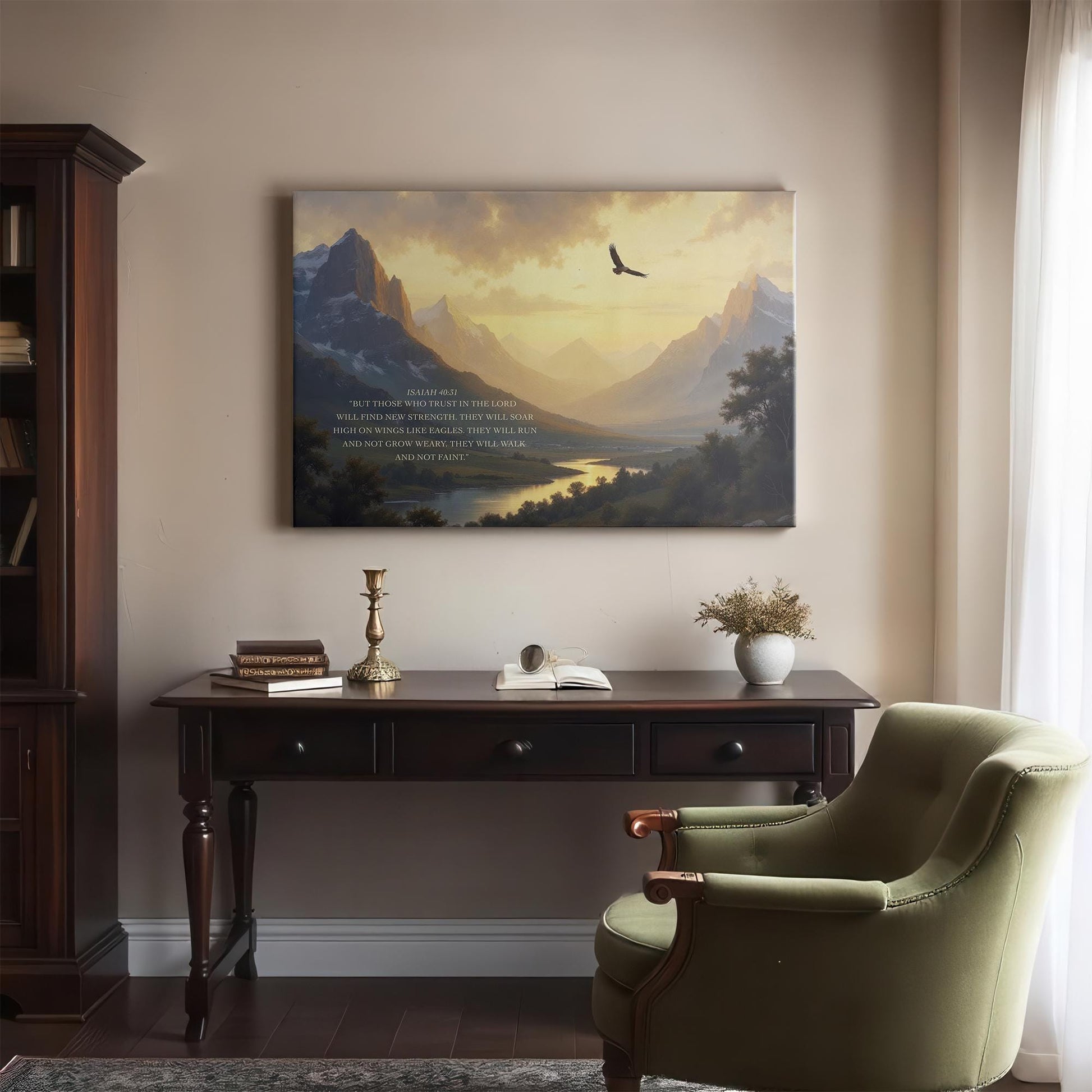 Large Canvas | Vintage Painting Scripture Print | Bible Verse Wall Decor | Peaceful landscape Canvas | Isaiah 40:31 Art